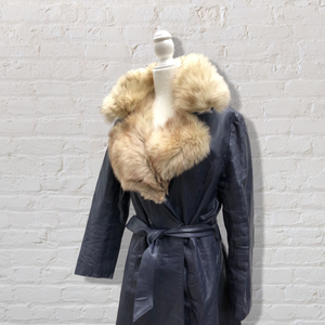 70’s Navy Leather Coat Trench Spy with Fox Fur Collar