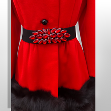 Load image into Gallery viewer, Women's Vintage Lilli Ann Coat- Lipstick Red Orange Bright 60's Mod Wool Thick Tiered Black Fox Fur Trim Fit Flare Princess Small Pinup