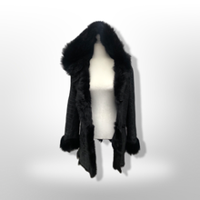Load image into Gallery viewer, Black Hooded Shearling Suede Coat Alligator Print with Full Shearling Lining