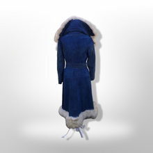 Load image into Gallery viewer, 1970’s Vintage Blue Suede and Fox Fur Belted Bohemian Boho Chic Princess Hippy Burning Man Coachella Festival Fall Winter Coat