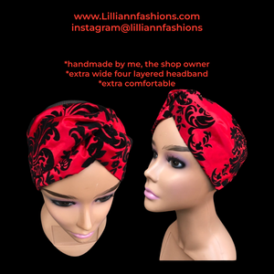 Red Headband Satin and Velvet Brocade Turban Extra wide headband