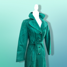 Load image into Gallery viewer, Emerald Green Suede 70’s Coat Rounded Collar Studio 54 Trench Spy Coat