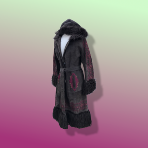 Boho Embroidered Suede Brown and Magenta faux shearling princess hooded coat