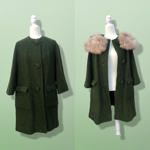 60’s Green Vintage Coat Wear Two Ways Removable Fox Fur Swing Coat Boucle Wool