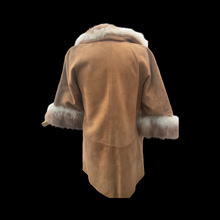 Load image into Gallery viewer, Vintage Camel Suede Tan Duster Coat with Genuine Fur Tuxedo and Cuffs in Natural Color