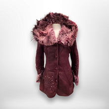 Load image into Gallery viewer, Italian made Purple Bergundy Lamb Leather and Shearling Hooded Studded Coat Jacket