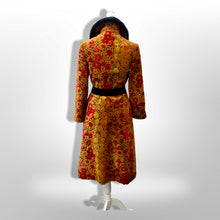 Load image into Gallery viewer, 60s 70s Vintage Gold And Red Floral Carpet Tapestry Coat Velvet Sherpa Boho Chic Burning Man Woodstock Russian Princess Sergeant Pepper's