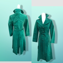 Load image into Gallery viewer, Emerald Green Suede 70’s Coat Rounded Collar Studio 54 Trench Spy Coat