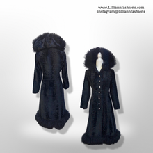 Load image into Gallery viewer, 70’s Vintage Black Princess Shearling and Faux Astrakhan Lamb Fabric hooded Fit and Flare Boho