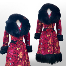 Load image into Gallery viewer, 60’s 70’s Rare Red Carpet Tapestry Coat Needlepoint Floral Exotic Design with Genuine Fox Fur and Goat Shearling Trim Jeweled Belt Small Petite