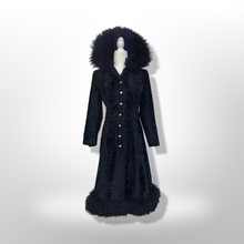 Load image into Gallery viewer, 70’s Vintage Black Princess Shearling and Faux Astrakhan Lamb Fabric hooded Fit and Flare Boho