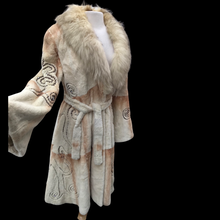 Load image into Gallery viewer, Embroidered Mocha Cream Colored Ombré Sheared Fur Beaver Princess Coat with Crystal Accents Full Skirt and Flared Bell Sleeves Wearable Work of Art One of A Kind