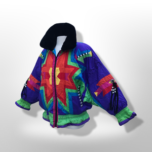 80’s 90’s Neiman Marcus Genuine Down Puffer Coat in Rainbow Apres Ski “In Living Color” Pride Oversized Chubby Coat Rare Ski Winter Suede Fringr Native American Inspired Style