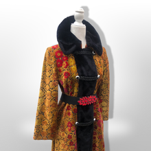 Load image into Gallery viewer, 60s 70s Vintage Gold And Red Floral Carpet Tapestry Coat Velvet Sherpa Boho Chic Burning Man Woodstock Russian Princess Sergeant Pepper's