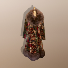 Load image into Gallery viewer, 70’s Vintage Coat Velvet Boho Lamb Shearling Tapestry Coat Gold Bergundy Brocade Carpet Hippy Royalty Penny Lane Almost Famous M Russian Princess matching purse