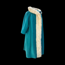 Load image into Gallery viewer, 60’s LIlli Ann Coat Turquoise Blue with Ermine Mink Tuxedo Trim Collar “The World is Yours”