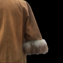 Load image into Gallery viewer, Vintage Camel Suede Tan Duster Coat with Genuine Fur Tuxedo and Cuffs in Natural Color