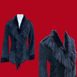 Vintage Black Suede Jacket Blazer Fitted with Tassle Fur Collar