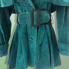 Load image into Gallery viewer, 80’s 90’s Green Suede Cape Coat Jacket Belted and Skirted