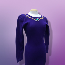 Load image into Gallery viewer, 80’s 90’s Purple Sweater Dress with Jeweled Detail Fitted Hourglass Figure