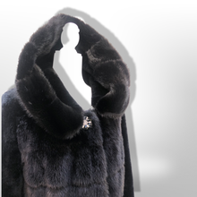 Load image into Gallery viewer, Jet Black Hooded Mink and Shearling Luxury Coat with Rhinestone Button