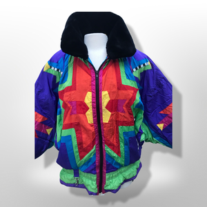 80’s 90’s Neiman Marcus Genuine Down Puffer Coat in Rainbow Apres Ski “In Living Color” Pride Oversized Chubby Coat Rare Ski Winter Suede Fringr Native American Inspired Style