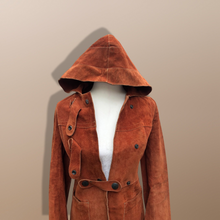 Load image into Gallery viewer, 70’s Vintage Suede Hooded Orange Rust Coat Small Petite Heavy Duty Snap Closure