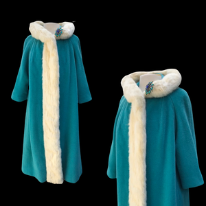 60’s LIlli Ann Coat Turquoise Blue with Ermine Mink Tuxedo Trim Collar “The World is Yours”