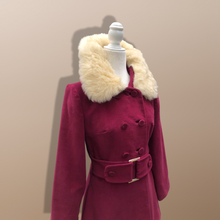 Load image into Gallery viewer, 60’s 70’s Velveteen Maroon Coat Vegan Faux Fur Belted