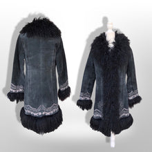 Load image into Gallery viewer, Vintage Black Suede Embroidered Mongolian Lamb Shearling Coat 38” Bust Penny Lane Boho