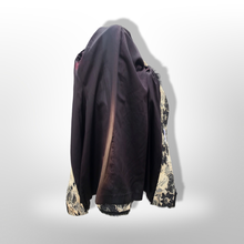 Load image into Gallery viewer, 70’s Tapestry Carpet Floral Black and White Coat with Black Shearling Trim Penny Lane Boho Hippy Chic