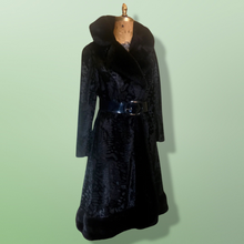 Load image into Gallery viewer, 60s 70s Black Faux Fur Faux Persian Lamb Princess Coat Jeweled Belt Russian Princess M/L Boho