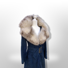 Load image into Gallery viewer, 1970’s Vintage Blue Suede and Fox Fur Belted Bohemian Boho Chic Princess Hippy Burning Man Coachella Festival Fall Winter Coat