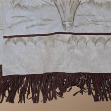 Load image into Gallery viewer, 70’s Suede Poncho Cape Equestrian Serape with Carved Two Bulls Fighting Scene Fringe Border One Size Fits All Cowboy Cowgirl Unisex Southwestern Mexican Native Boho One of A Kind