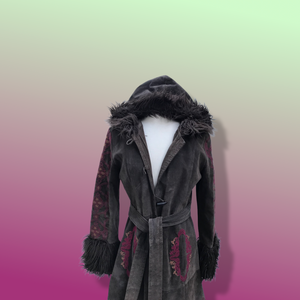 Boho Embroidered Suede Brown and Magenta faux shearling princess hooded coat