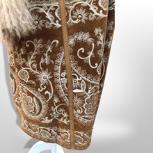 Load image into Gallery viewer, Boho Penny Lane Caramel Suede Sheepskin Curly Mongolian Lamb Intricate Embroidery Embroidered Coat Custom Made in France