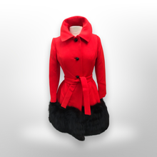 Load image into Gallery viewer, Women's Vintage Lilli Ann Coat- Lipstick Red Orange Bright 60's Mod Wool Thick Tiered Black Fox Fur Trim Fit Flare Princess Small Pinup