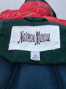 Vintage 80’s 90’s Neiman Marcus Puffer Real Down Feather Filled Mixed Media Red Nylon Tooled Leather and Velvet Chubby Coat Apres Ski