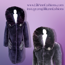 Load image into Gallery viewer, New Shearling and Mink Plum Purple Jeweled Hooded Luxury Coat