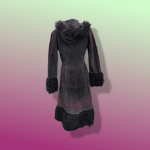 Load image into Gallery viewer, Boho Embroidered Suede Brown and Magenta faux shearling princess hooded coat