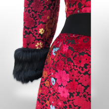 Load image into Gallery viewer, 60’s 70’s Rare Red Carpet Tapestry Coat Needlepoint Floral Exotic Design with Genuine Fox Fur and Goat Shearling Trim Jeweled Belt Small Petite