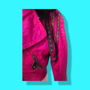 80’s 90’s Hot Pink Hooded Ski Windbreaker Jacket Cropped Tapered Waist Southwestern Aztec Trim