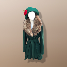 Load image into Gallery viewer, Vintage Forest Green 100% Wool Wrap Coat with Genuine Fur Collar