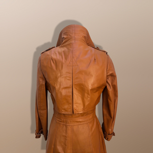 70’s Vintage Two Piece with Removable Vest with Coat Leather Caramel Colored Trench Spy Coat Belted