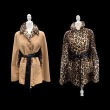 Load image into Gallery viewer, Vintage 60’s Cape Poncho Reversible Wool camel and Faux Leopard Jaguar Print Double Pocket and Buttons