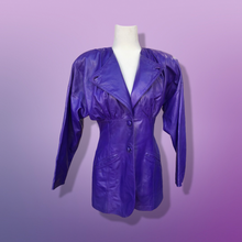 Load image into Gallery viewer, 80’s Glam Purple Leather Jacket Studio 54 Ultra Soft Lamb Leather Fitted and Ruched