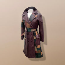 Load image into Gallery viewer, 70s Leather Coat l Maroon Patchwork Fit Flare Trench Spy Boho Studio 54 Mosaic boho chic One of a Kind