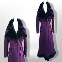 Load image into Gallery viewer, 60’s 70’s Plum Purple Long Princess Coat with Sharp Tailoring and Faux Fur Trim