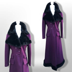 60’s 70’s Plum Purple Long Princess Coat with Sharp Tailoring and Faux Fur Trim