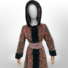 Load image into Gallery viewer, Vintage Hooded Tapestry Carpet Needlepoint Multi Color Rich Coat with Faux Fur Trim and Beaded Belt Boho Princess Boho Chic